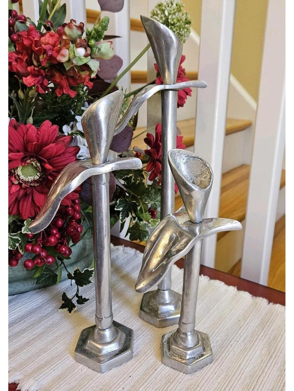Set Of 3 Vintage Calla Lily Candleholders Cast Aluminum Handmade Table Art
